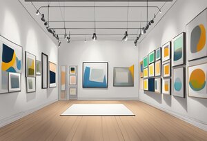 Eine moderne Kunstgalerie mit hell beleuchteten Räumen und weißen Wänden, an denen verschiedene abstrakte Gemälde in simplen Rahmen hängen. Die Gemälde zeigen eine Mischung aus geometrischen Formen und organischen Kurven in einer Vielfalt von Farben wie Blau, Gelb und Grün. Holzboden und gerichtete Deckenstrahler vervollständigen das elegante Innere.