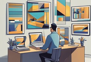 Ein Designer sitzt an einem Schreibtisch in einem Büro, umgeben von abstrakten Gemälden mit geometrischen Formen in Blau-, Orange- und Beigetönen. Er blickt auf einen Laptop, dessen Bildschirm ein Design zeigt, das zu den Gemälden an der Wand passt. Auf dem Schreibtisch liegen aufgeschlagene Bücher und neben dem Computer befinden sich Pflanzen, was auf ein organisches Arbeitsumfeld hinweist. Der Raum strahlt eine kreative und inspirierende Atmosphäre aus, passend zum Prozess der Designauswahl.