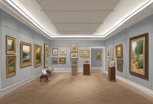 Ein klassisches Galerieinterieur mit pastellblauen Wänden und einer Auswahl von Landschaftsgemälden in goldenen Rahmen. Die Gemälde variieren in Größe und Perspektive, zeigen aber alle natürliche Szenen mit Bäumen, Gewässern und Bergen. Die Gemälde sind gleichmäßig verteilt und sorgfältig beleuchtet, was eine ruhige Atmosphäre schafft. Einzelne Gemälde sind auf Podesten platziert, während eine Holzbank zur Betrachtung einlädt. Die symmetrische Anordnung und dezente Beleuchtung betonen die Grundlagen der Präsentation in einer Fotogalerie.
