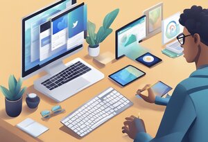 Ein Webentwickler arbeitet an der Integration sozialer Medien in eine Website. Er ist an einem geordneten Arbeitsplatz mit einem großen Computermonitor zu sehen, auf dem Benutzeroberflächen sozialer Netzwerke angezeigt werden. Neben ihm liegen ein Tablet und ein Smartphone, die beide ähnliche Inhalte zeigen. Auf dem Schreibtisch sind außerdem eine Pflanze, eine Tasse, eine Brille und ein Notizbuch zu sehen, was auf eine professionelle, technikorientierte Umgebung hinweist. Der Entwickler benutzt einen Stylus auf dem Tablet, was die aktive Gestaltung und Programmierung symbolisiert.