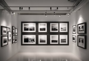 Moderne Kunstgalerie mit einer Anordnung von Schwarz-Weiß-Fotografien in verschiedenen Größen, beleuchtet durch Spots, um die Funktionen eines Photo Gallery Scripts zu präsentieren.