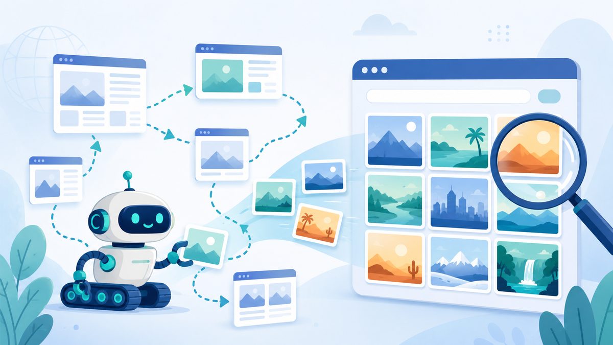 Bilder bei Google finden lassen: die Bildersuche nutzen: Ein Roboter-Crawler folgt Pfeilen zwischen Webseiten und sammelt Bild-Thumbnails in ein Ergeb