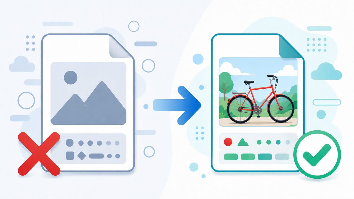 Bilder Dateinamen fÃ¼r SEO: Fotos sinnvoll benennen: Split-Vergleich: generische Bilddatei mit rotem X links, ordentliche Datei mit rotem Fahrrad und g