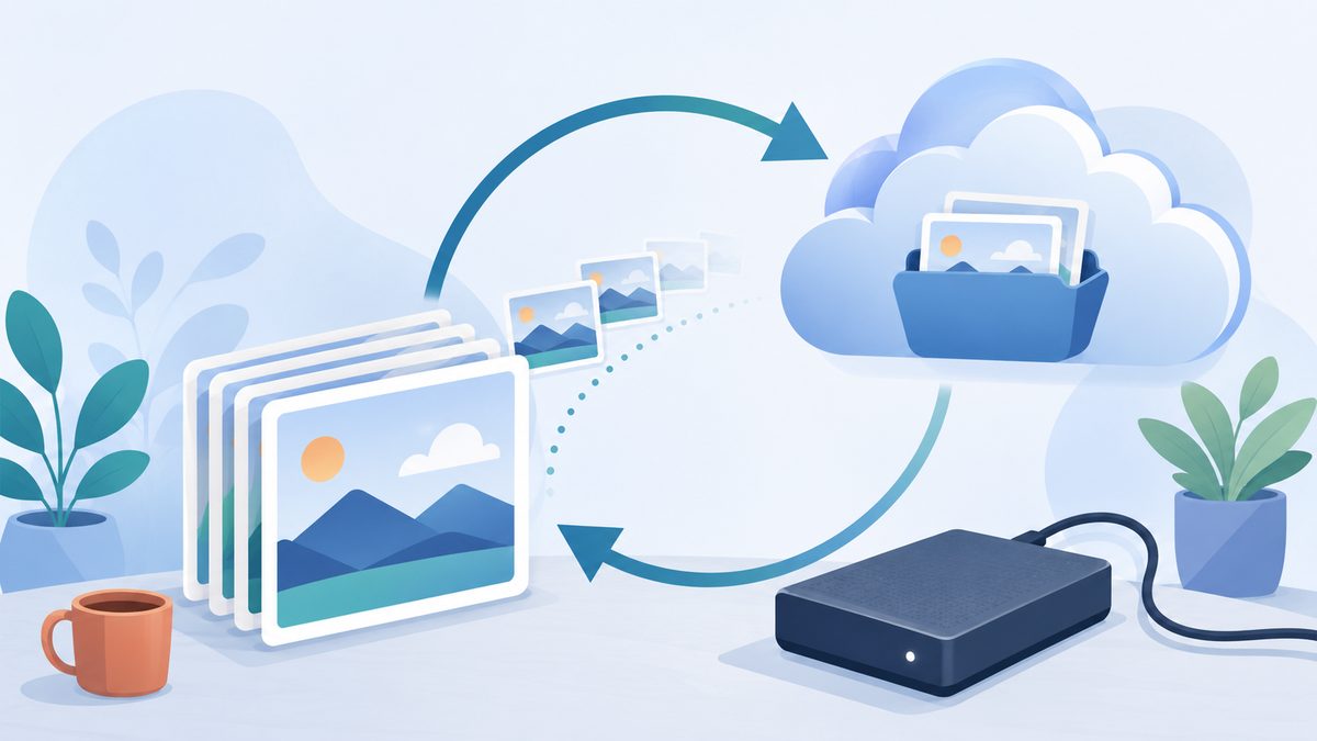 Bilder regelmÃ¤ÃŸig sichern mit einer festen Backup-Routine: Foto-Dateien werden per Kreislauf-Pfeil in Cloud und externe Festplatte kopiert