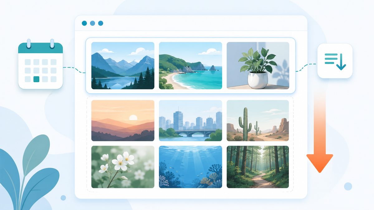 Bilder online nach Datum sortieren: Browser-Fotoraster mit Kalender-Icon, absteigendem Sortier-Symbol und grossem orangem Abwaertspfeil