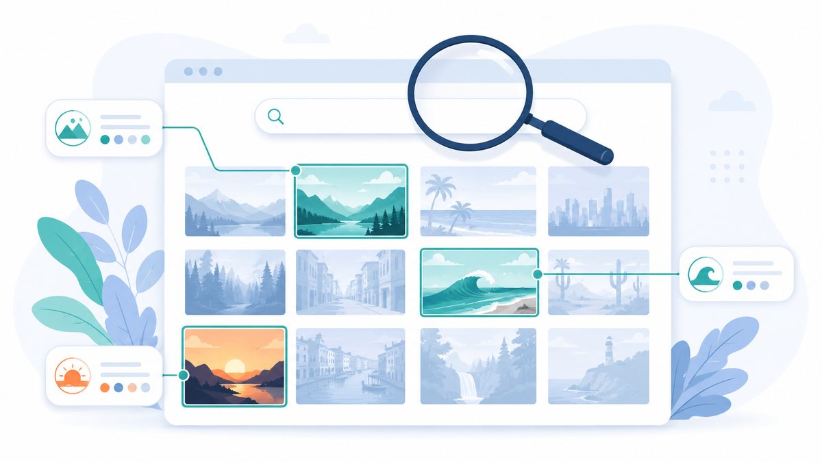 Bildersuche in der Galerie verstÃ¤ndlich erklÃ¤rt: Browser-Galerie mit Suchfeld und Lupe, einige Bildkacheln per Linien mit seitlichen Metadaten-Karten