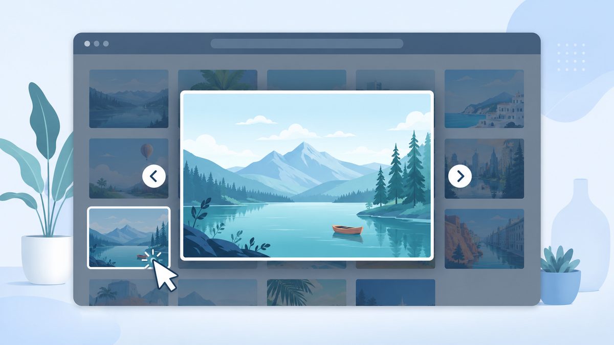 BildvergrÃ¶ÃŸerung beim Klick: die Zoom-Funktion: Thumbnail-Raster im Browser, eine Kachel oeffnet sich gross in einer Lightbox mit Pfeilen, Mauszeiger