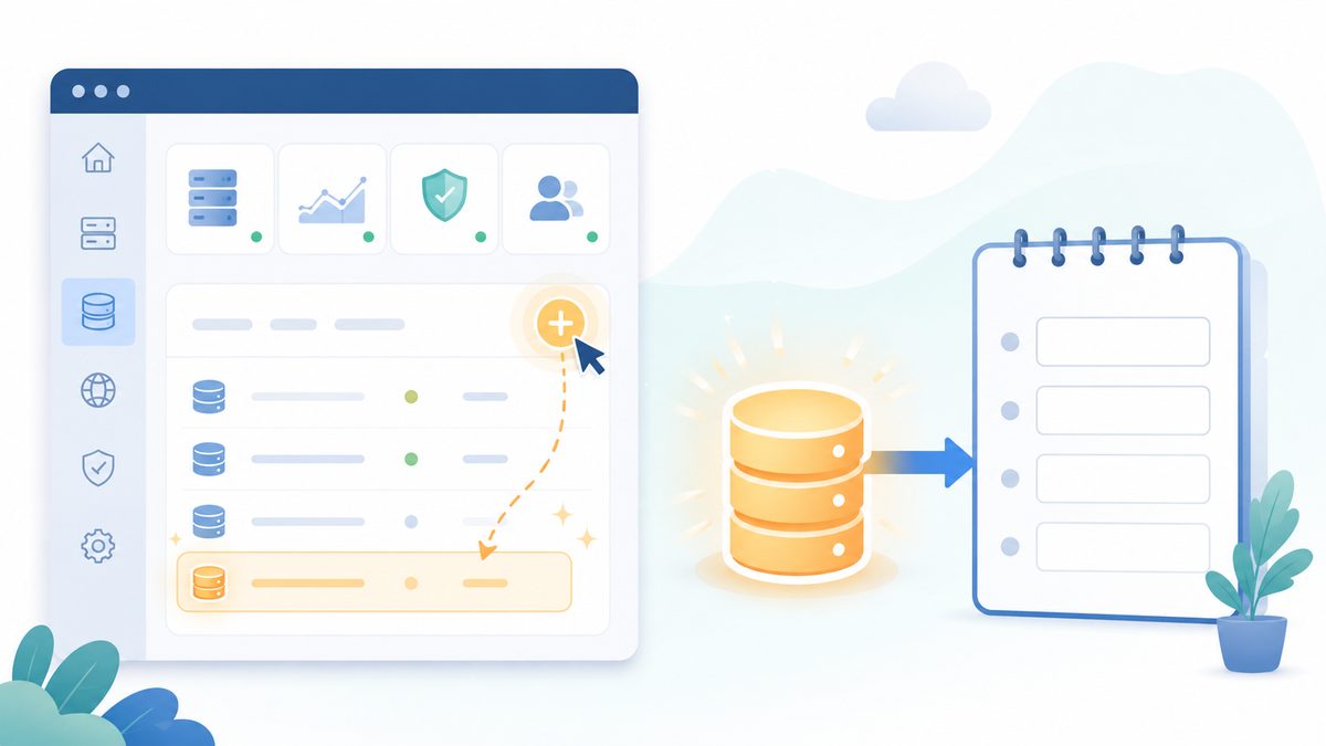 Datenbank anlegen: Schritt-fÃ¼r-Schritt-Anleitung: Hosting-Control-Panel mit hervorgehobenem Plus-Button, der einen Datenbank-Zylinder erstellt, Pfeil