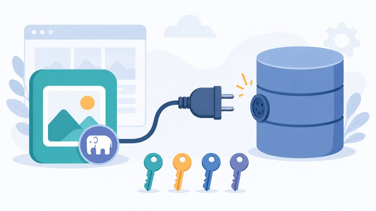 Datenbankverbindung fehlgeschlagen bei der Bildergalerie beheben: PHP-Galerie-Icon mit Elefant, dessen Stecker nicht in die Datenbank-Zylinder-Buchse