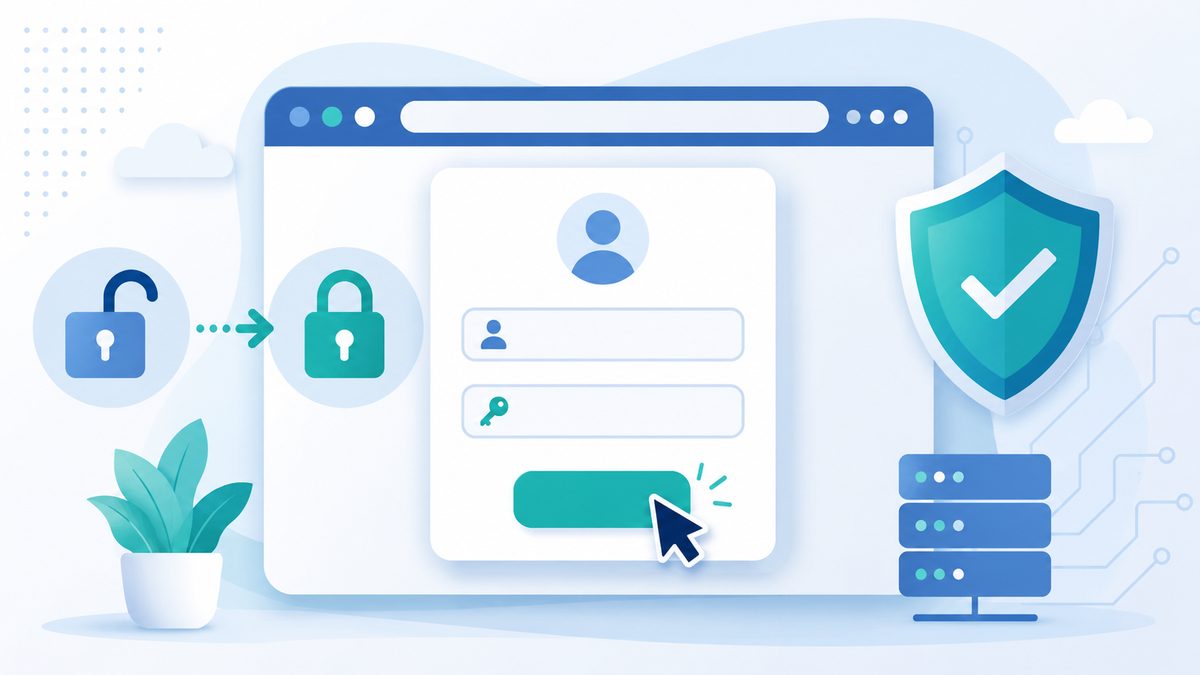 Erstes Login im Adminbereich: Browser mit Anmeldeformular, Benutzername- und Passwortfeld und Login-Schloss