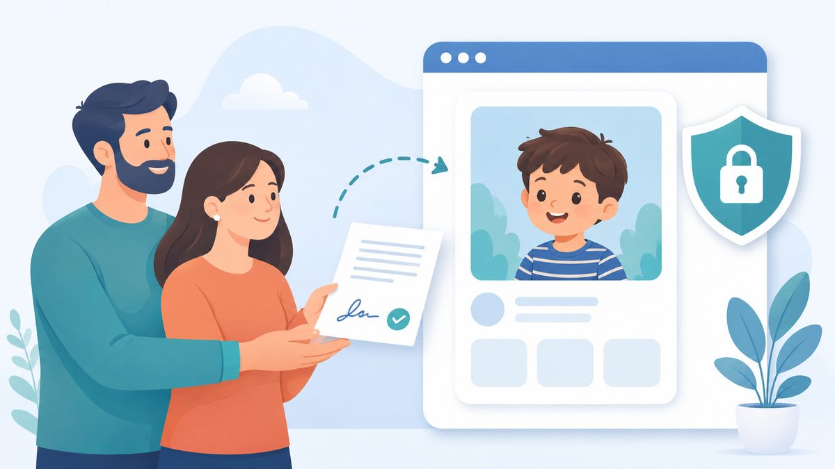 Illustration zu Fotos von Kindern auf der Webseite mit Einwilligung der Eltern und Schutzschild