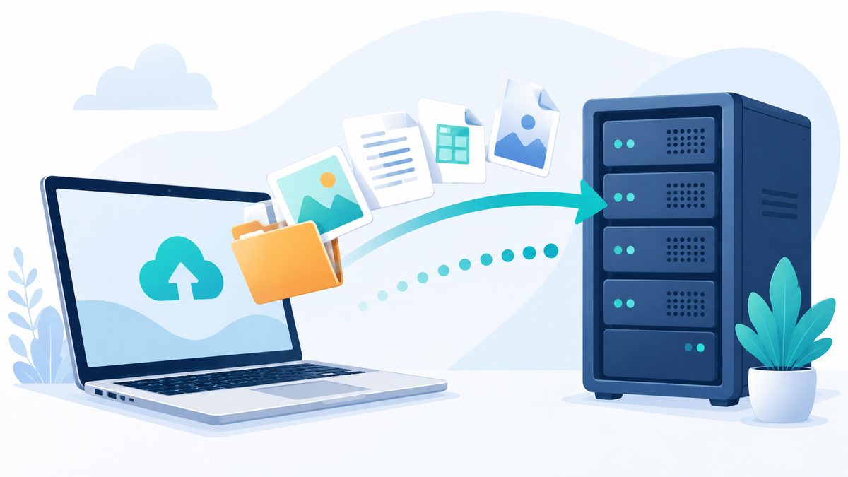 FTP Upload Schritt fÃ¼r Schritt: Laptop Ã¼bertrÃ¤gt Dateien per Pfeil an einen Server