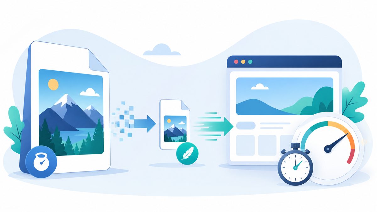 Ladezeit der Webseite verbessern fÃ¼r AnfÃ¤nger: Komprimierte Bilddatei rauscht zu einem schnell ladenden Browserfenster mit Tacho und Stoppuhr