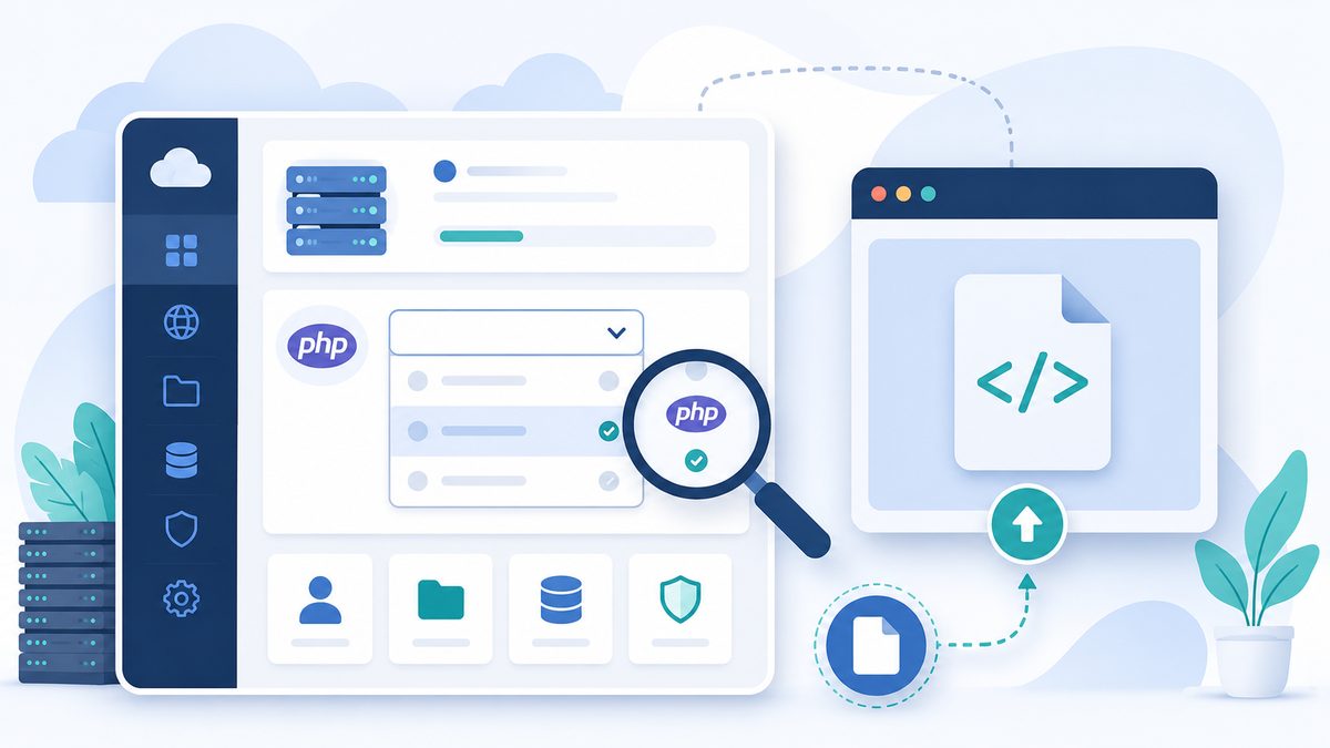 PHP Version beim Webhoster prÃ¼fen Ã¼ber Hosting-Panel und phpinfo-Testdatei, Schritt-Visualisierung