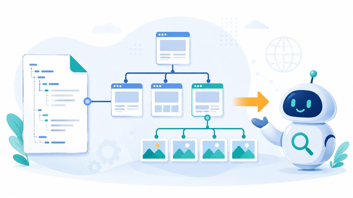 Was ist eine Sitemap fÃ¼r Bilder?: Ein Dokument verzweigt baumartig zu Webseiten-Knoten und weiter zu Bildknoten, ein Pfeil reicht die Karte an einen f