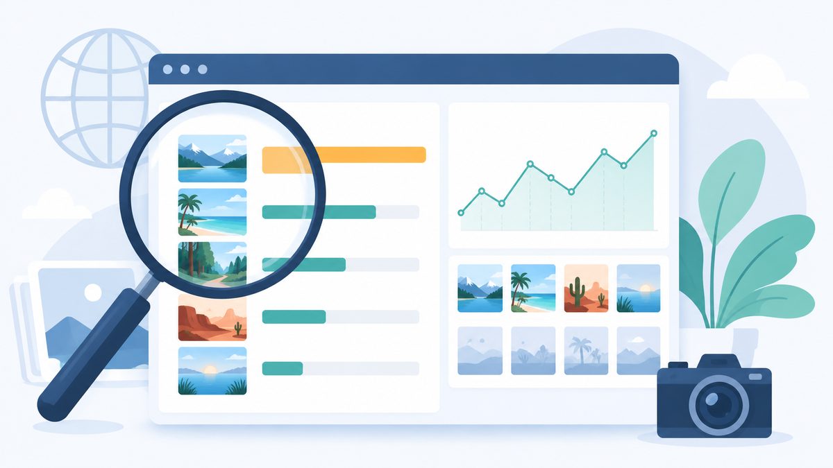 Statistik der Bildergalerie auswerten und verstehen: Lupe ueber Analytics-Dashboard mit nach Popularitaet sortierten Foto-Thumbnails und Liniendiagram