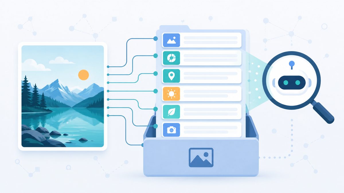 Strukturierte Daten fÃ¼r Bilder: Schema.org verstÃ¤ndlich erklÃ¤rt: Eine Landschaftsfoto-Karte mit Verbindungslinien zu einer Box mit beschrifteten Eigen