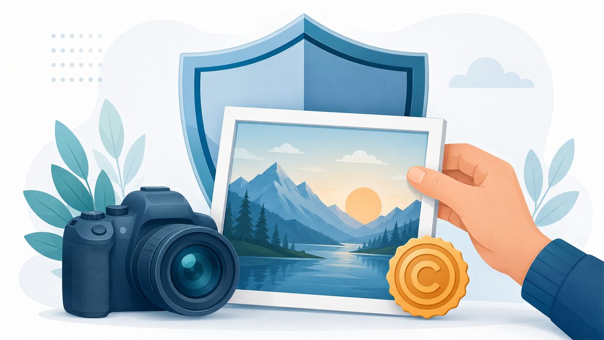 Illustration zum Urheberrecht bei Fotos: Fotograf und geschÃ¼tztes Bild mit Schutzschild
