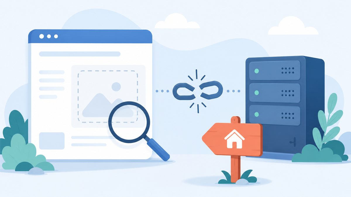 Was bedeutet Fehler 404? Einfach erklÃ¤rt fÃ¼r Einsteiger: Browserfenster mit leerem Bildplatzhalter und Lupe, ein zerbrochenes Link-Symbol zum Server u