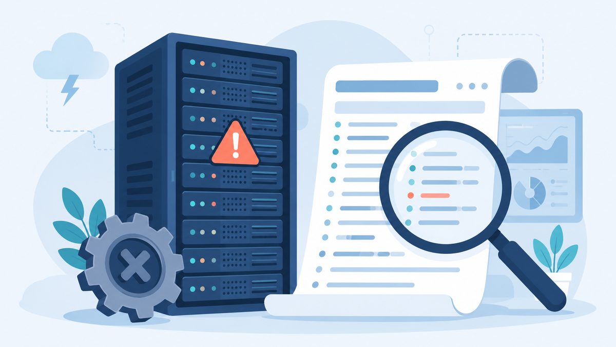 Was bedeutet Fehler 500? Ursachen verstehen und beheben: Serverrack mit Warndreieck und gestopptem Zahnrad mit X, Lupe ueber einem Server-Log