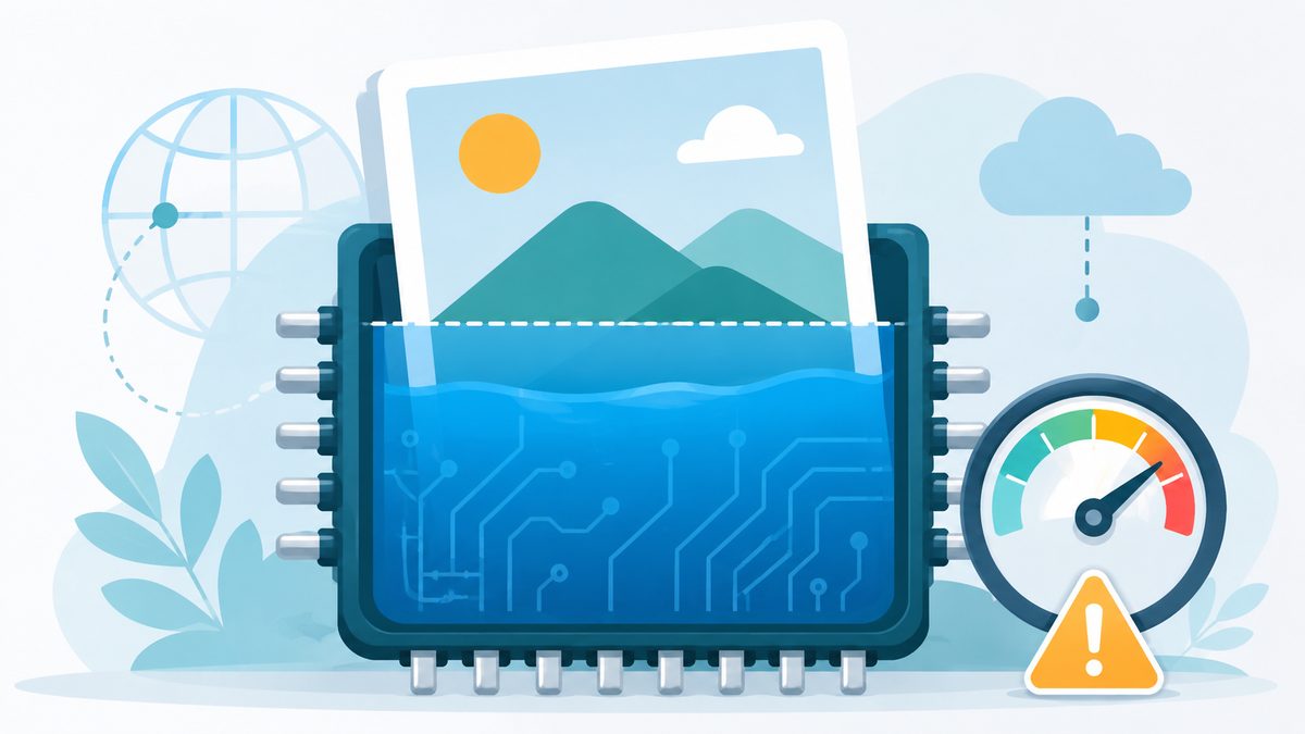 Konzept-Illustration zu memory_limit in PHP: Speicher-Container fÃ¼llt sich beim Verarbeiten eines groÃŸen Bildes bis zur Grenze