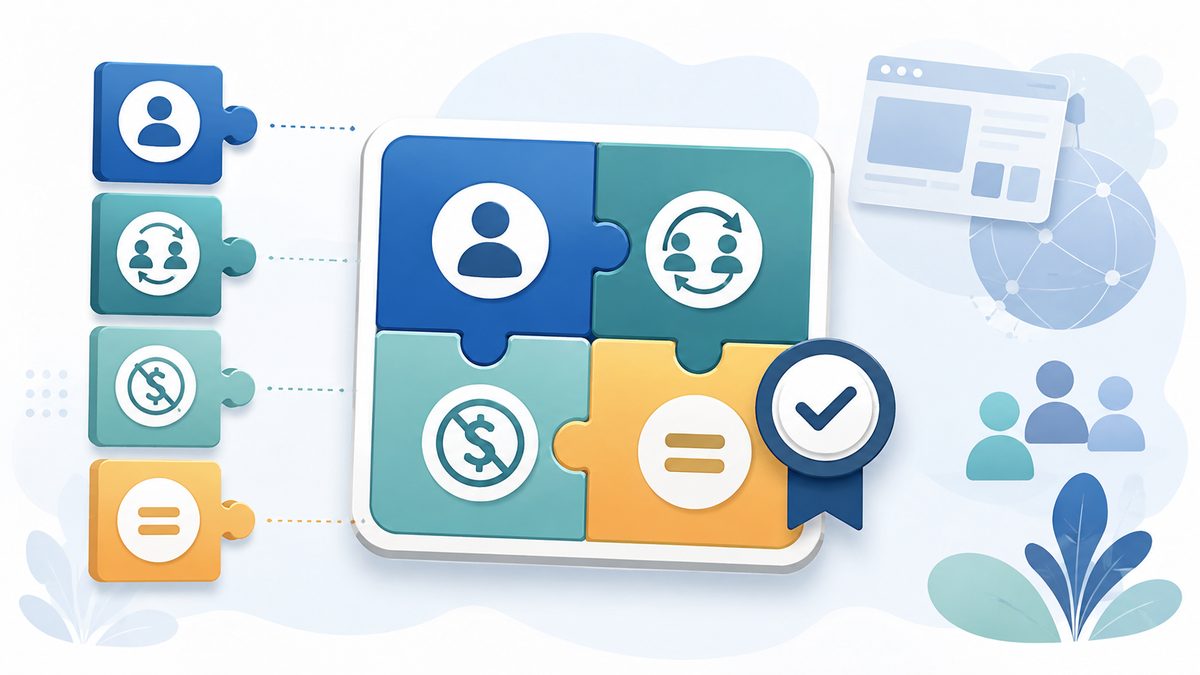 Was ist eine Creative Commons Lizenz: CC fÃ¼r AnfÃ¤nger: Vier modulare Puzzleteile mit Lizenz-Symbolen, die zu einem Lizenz-Badge mit Haken zusammengese