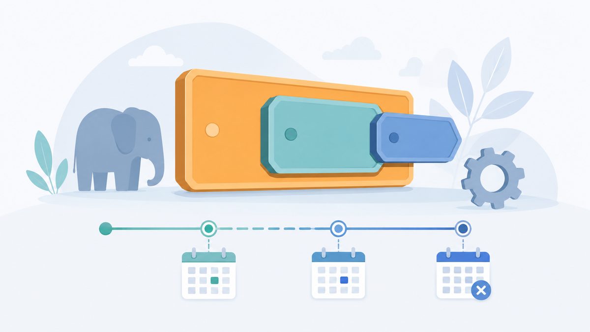 Was ist die PHP Version?: Drei verschachtelte Versions-Tags in unterschiedlichen Groessen, Elefanten-Silhouette und Zahnrad, darunter eine Kalender-Ze
