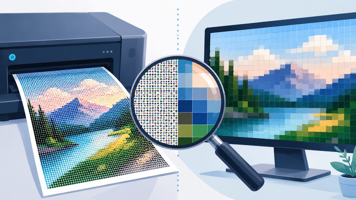 Was ist DPI bei Bildern?: Drucker mit Tintenpunkten auf Papier gegen Monitor mit groben Pixeln, Lupe dazwischen