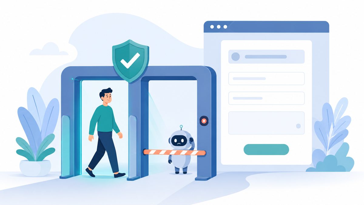 Das Captcha einfach erklÃ¤rt: Eine Person passiert ungehindert ein Tor mit Schild-Haken, waehrend ein kleiner Roboter an der Schranke gestoppt wird; da