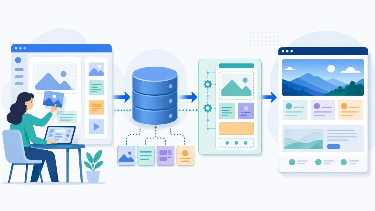 Schema: Was ist ein CMS einfach erklÃ¤rt - Inhalte aus dem Dashboard Ã¼ber Datenbank und Vorlage zur fertigen Seite