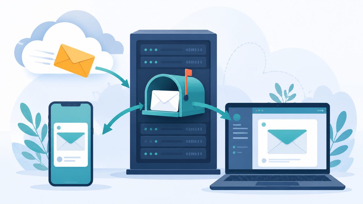Schema zu Was ist ein Mailpostfach beim Hosting: E-Mail landet im Serverpostfach und wird auf Handy und Laptop synchronisiert