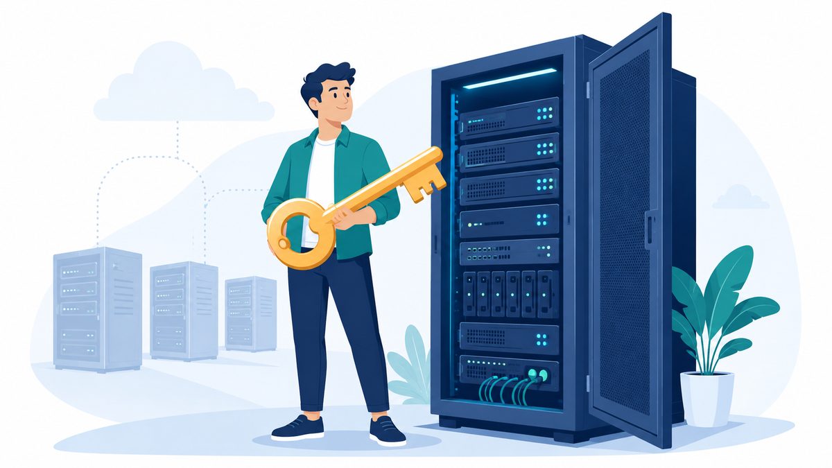 Konzept-Illustration zu Was ist ein Root Server: Person mit SchlÃ¼ssel vor eigenem Serverschrank mit voller Kontrolle