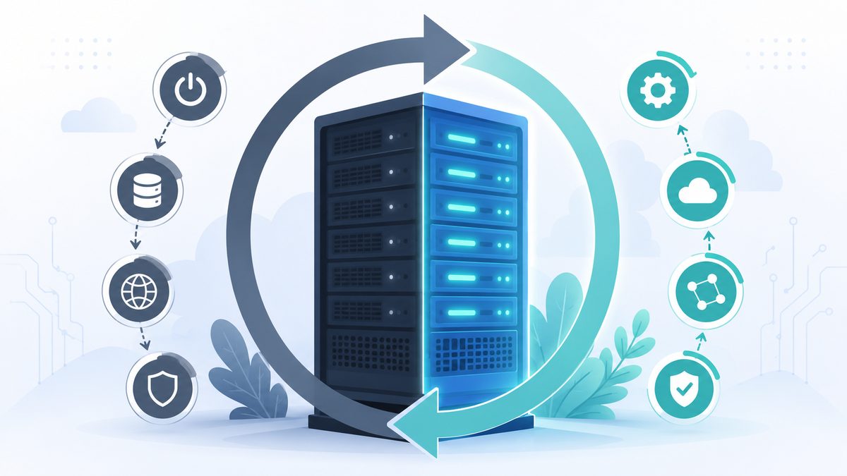 Schema zu Was ist ein Server Neustart: Server fÃ¤hrt herunter und wieder hoch, Dienste laden in fester Reihenfolge neu