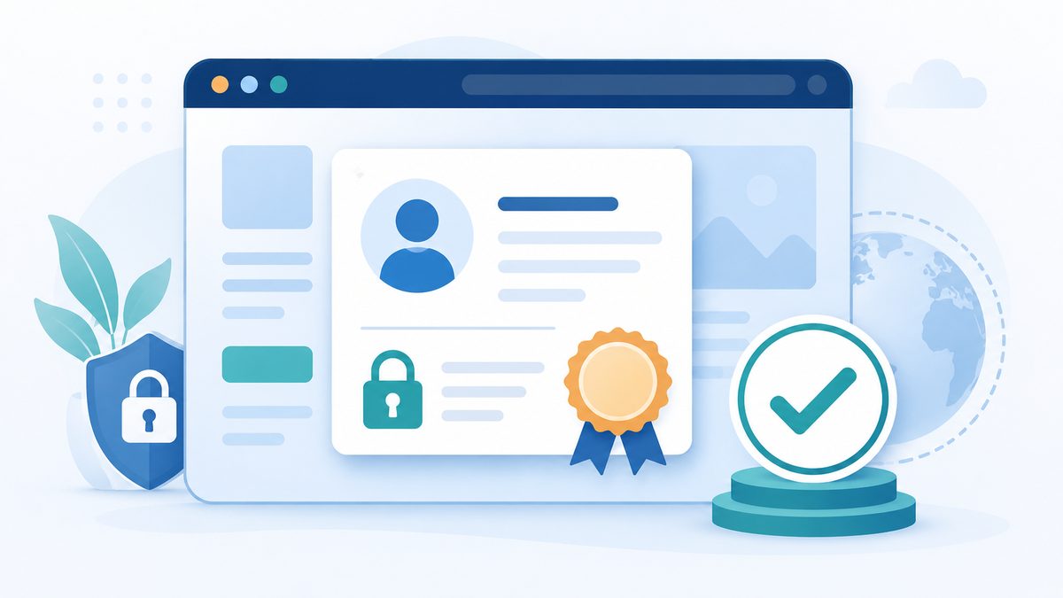 Konzept eines SSL Zertifikats als digitaler Ausweis einer Website mit Siegel und Schloss