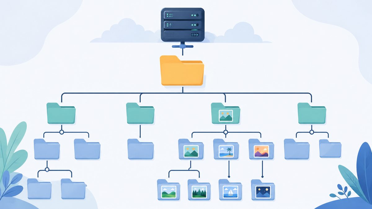 Diagramm eines Verzeichnisses auf dem Server: Ordnerbaum vom Hauptordner zu Unterordnern mit Bilddateien