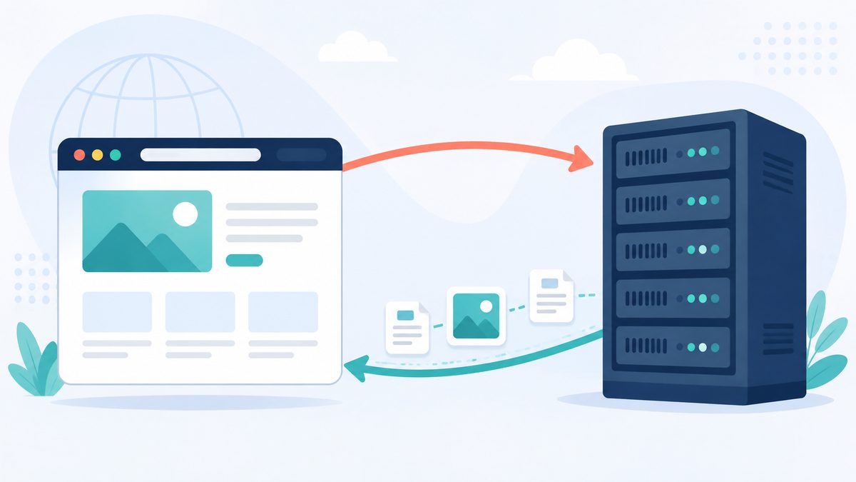 Was ist ein Webserver? Einfach erklÃ¤rt fÃ¼r Laien: Ein Browserfenster sendet eine Anfrage an einen Server und bekommt Seite und Bilder ueber zwei Pfeil