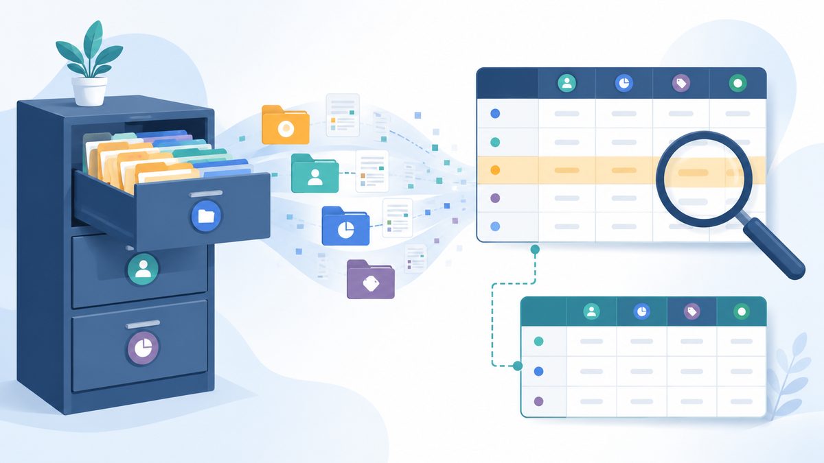 Illustration: eine Datenbank einfach erklÃ¤rt als geordneter Aktenschrank, der zur Tabelle wird