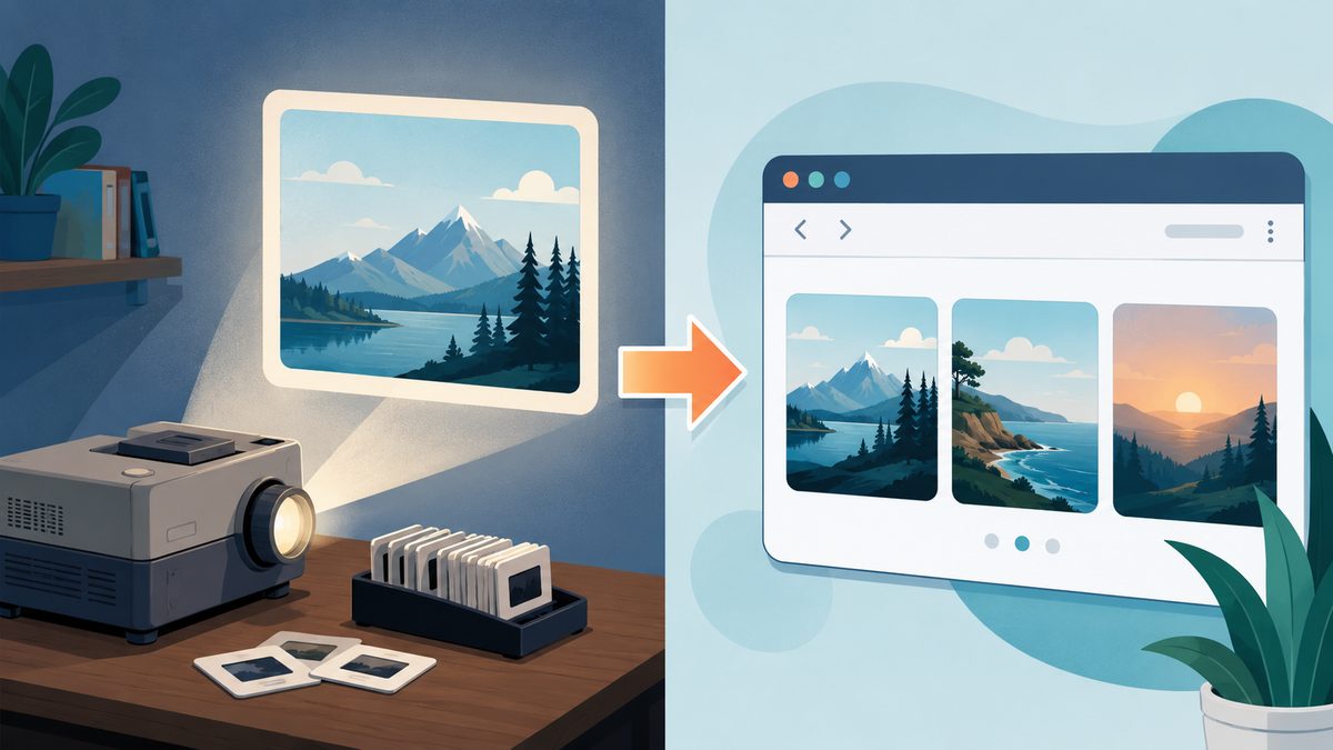Diashow im Internet: Vergleich von altem Dia-Projektor und moderner Bilderfolge im Browser