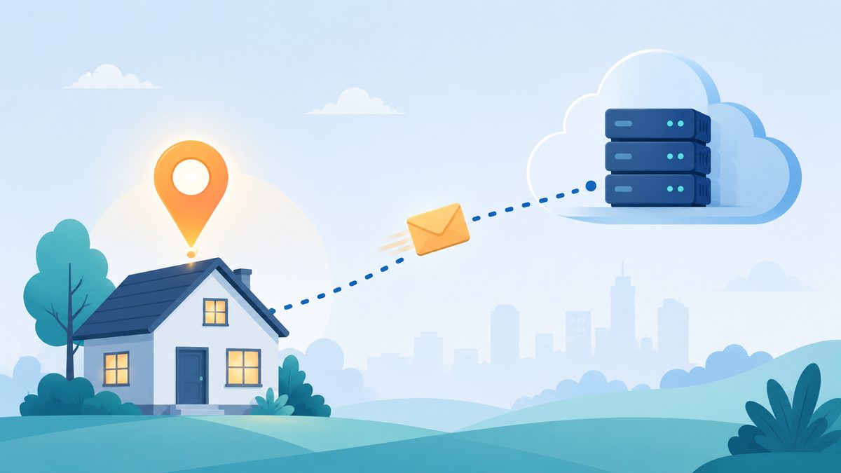 Was ist eine IP-Adresse? Einfach erklÃ¤rt: Haus mit Adress-Pin, Briefumschlag-Datenpaket reist gestrichelt zu einem Server in der Wolke