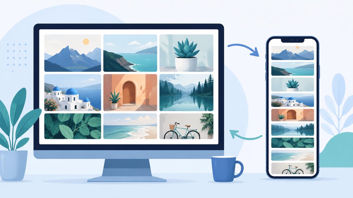 Responsive Galerie: Bilder auf jedem GerÃ¤t: Desktop-Monitor mit mehrspaltiger Fotogalerie und Pfeile zum Smartphone, das dieselben Bilder einspaltig s