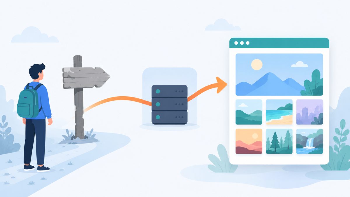 Illustration einer Weiterleitung im Web: Besucher wird von alter Adresse automatisch zur neuen Galerie-Seite umgeleitet