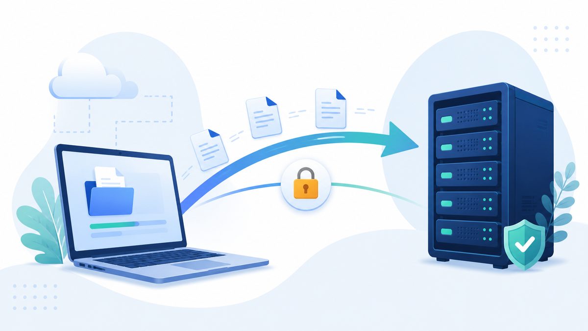 Was ist FTP? Der Einstieg fÃ¼r AnfÃ¤nger: Ein Laptop sendet Dateien entlang eines Pfeils zu einem Server, mit Vorhaengeschloss auf der Verbindung und Sc