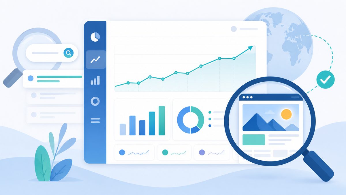 Die Google Search Console: kostenloses SEO-Werkzeug fÃ¼r Einsteiger: Analytics-Dashboard mit steigender Liniengrafik und Balken, eine Lupe vergroessert