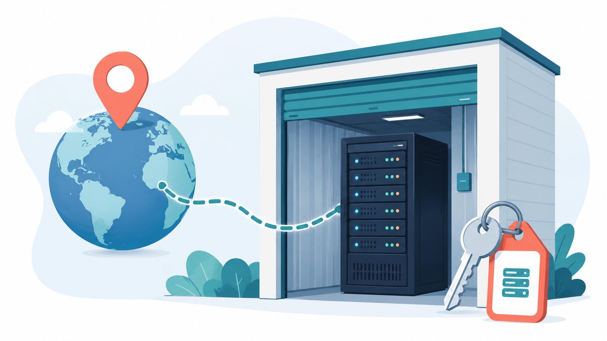 Was ist Hosting? Die Dienstleistung verstehen: Ein Globus mit Adress-Pin ist per Linie mit einem Serverrack in einer gemieteten Lagerbox mit Schluesse
