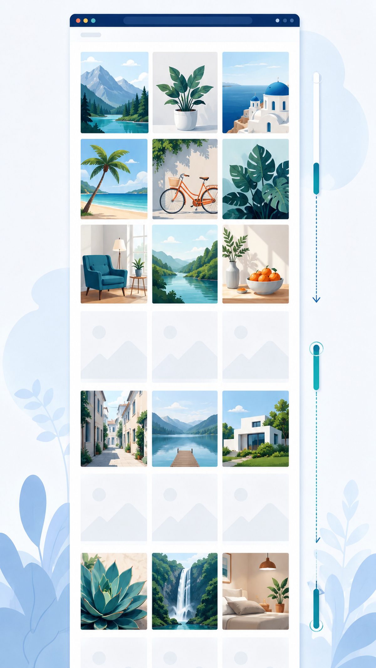 Was ist Lazy Loading bei Bildern?: Lange vertikale Galerie-Seite, obere Bilder geladen, untere als blasse Platzhalter, ein Scroll-Indikator rechts