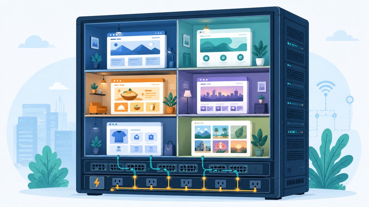 Illustration: Shared Hosting als Server, den sich mehrere Webseiten wie Mieter in einem Haus teilen