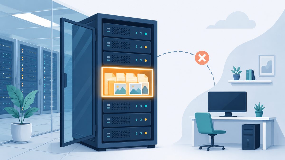 Illustration: Webspace einfach erklÃ¤rt als gemietetes Regal im Server, auf dem Webseiten-Dateien liegen