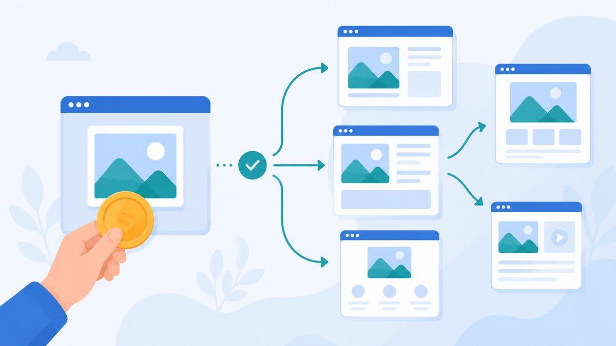 Was sind lizenzfreie Bilder und was steckt hinter dem Begriff: Ein Bild wird mit einer Muenze einmal gekauft und per Pfeilen in mehreren Browserfenste