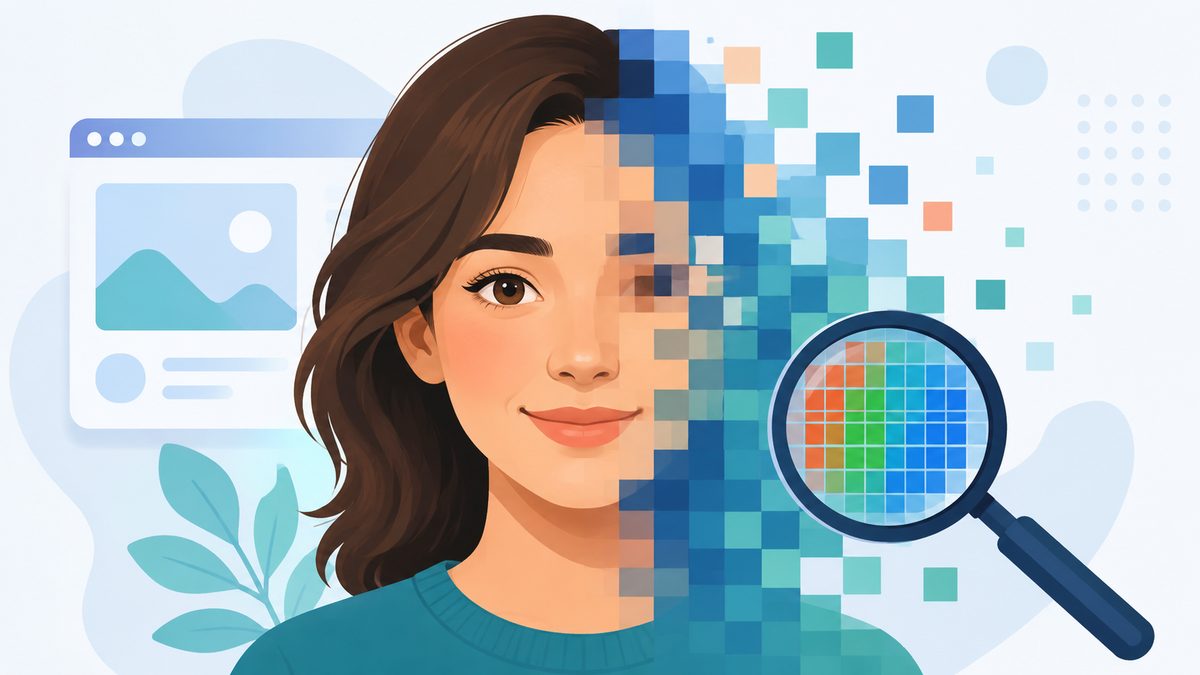 Was sind Pixel bei Bildern?: Gesicht loest sich in farbige Pixelbloecke auf, Lupe zeigt einzelne RGB-Quadrate