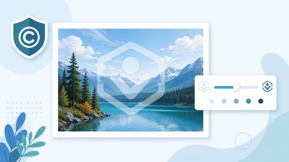 Wasserzeichen in Bilder einfÃ¼gen: Landschaftsfoto mit halbtransparentem diagonalem Wasserzeichen, Copyright-Schild und Deckkraft-Slider